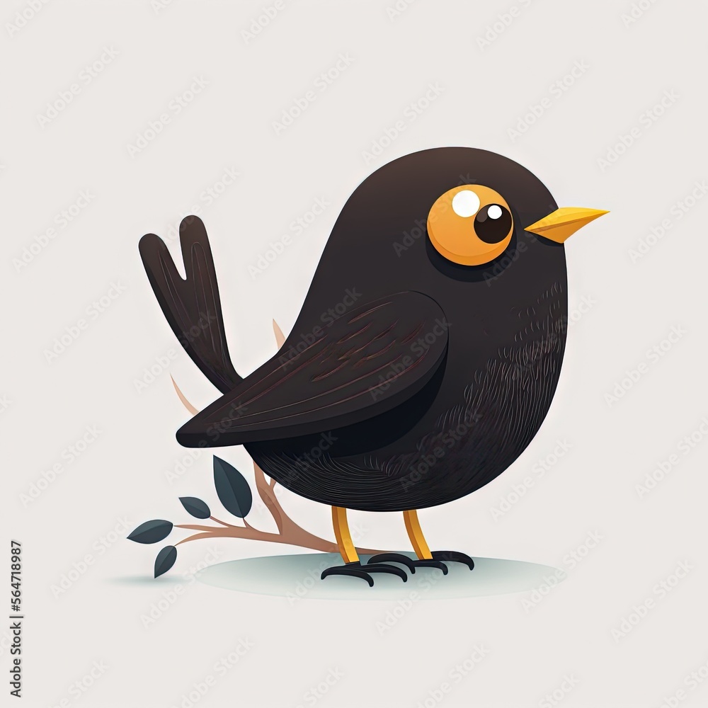 Fototapeta premium a black bird with a yellow beak and a yellow beak on its head sitting on a branch with leaves and leaves around its legs, with a white background, with a gray background,. generative ai