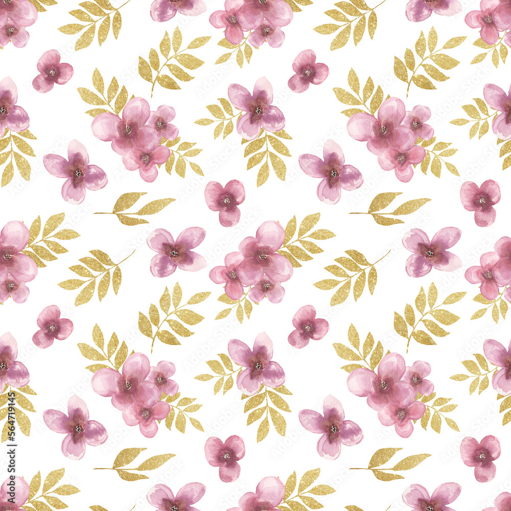 Golden leaves branch and pink flowers seamless pattern, hand drawn florals background, Watercolor flowers repeat paper. Textile design.