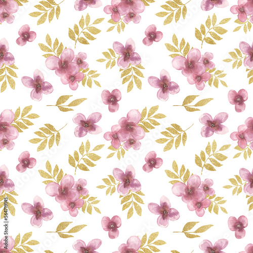 Golden leaves branch and pink flowers seamless pattern, hand drawn florals background, Watercolor flowers repeat paper. Textile design.