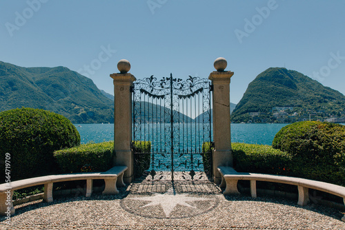Old romantic garden gate at Parco Ciani in Lugano Switzerland
