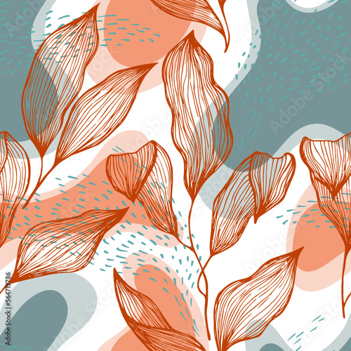 Sketch style doodle line texture leaves over stains and dots seamless vector ...