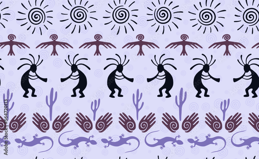 Kokopelli with flute, pangolin, hawk, sun symbol, hands and plant tribal vector seamless pattern. Kokopelli with flute, pangolin, hawk, sun symbol, hands and plant tribal vector seamless pattern.