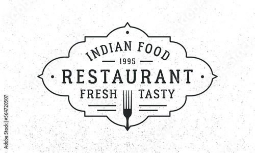 Indian Food logo template. Indian Restaurant vintage logo, poster with old frame. Vector illustration