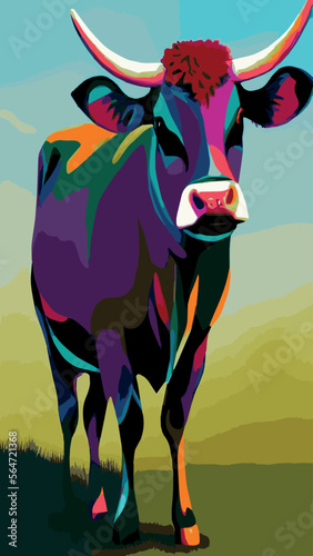 Vector illustration of a multicolored cow on a colored background