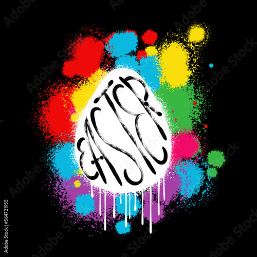 Happy Easter urban street graffiti style vector illustration. Neon spray splashes and drops isolated on black background. Poster, banner template.