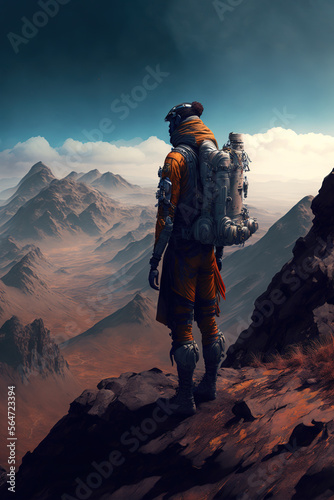 man with a backpack standing on a mountain, hike, travel, post-apocalypse, art illustration