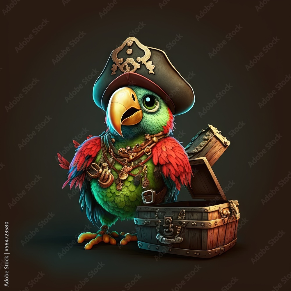 a parrot in a pirate hat with a chest of gold and a key in it’s mouth