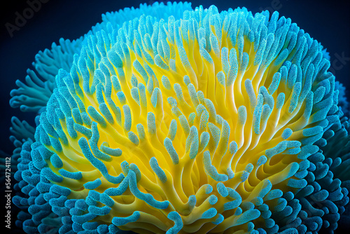 Fototapeta Naklejka Na Ścianę i Meble -  blue and yellow living coral reef with anemone in the deep sea, created with generative ai