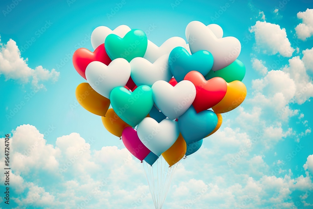 llustration of flying colorful heart shape balloons on the blue sky background with white clouds. Generative AI. llustration of flying colorful heart shape balloons on the blue sky background with white clouds. Generative AI.
