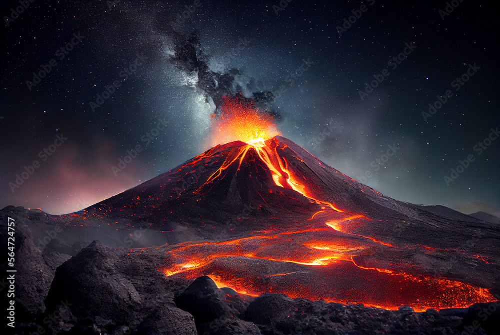 Volcano eruption with flowing hot magma at night.