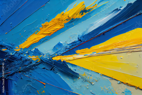Abstract modern oil painting art in blue and yellow colors.