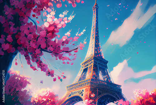An oil painting of Paris spring view on Eiffel tower.