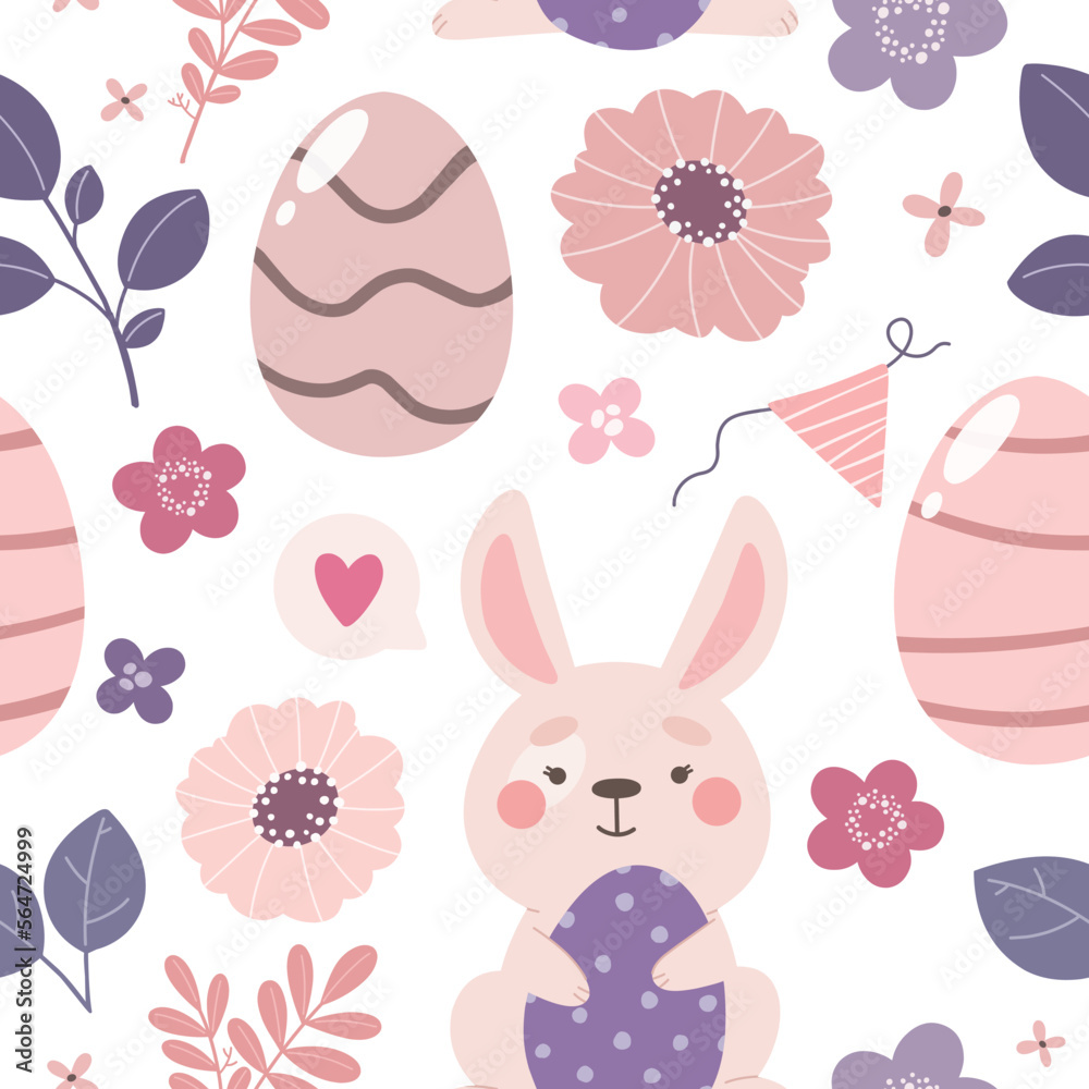 Seamless pattern with a cute bunny and eggs. Spring pattern of happy Easter. Vector illustration. Seamless pattern with a cute bunny and eggs. Spring pattern of happy Easter. Vector illustration.