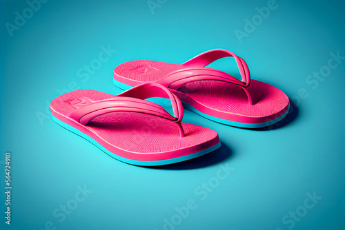 pink flip flops on blue background, created with generative ai