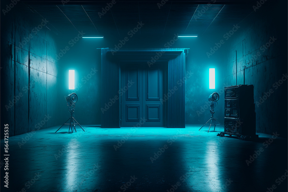 Dark stage location, dark blue background, empty dark room, neon light and spotlights. A concrete floor and a smoke-filled studio room create an interior texture for product display.