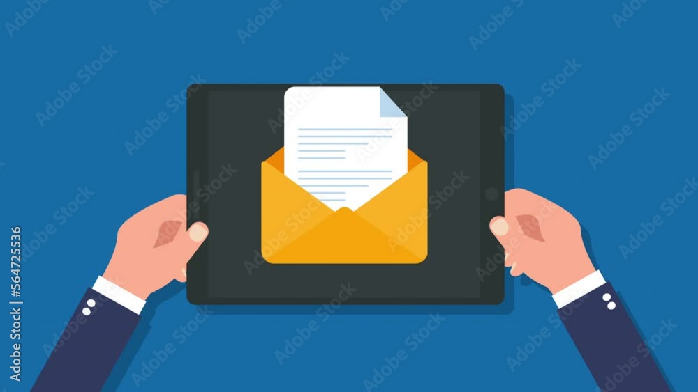 Envelope with documents motion animation concept.Businessman hand holding tablet isolated on blue background.business concept, Flat design.