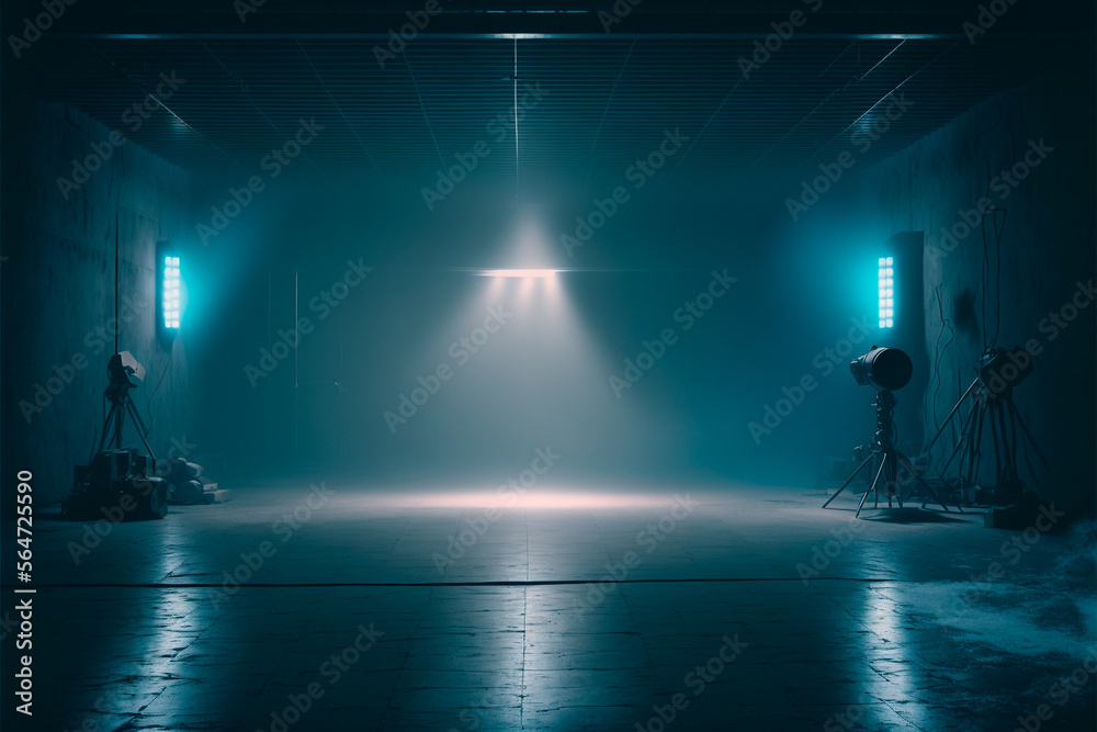 Dark stage location, dark blue background, empty dark room, neon light and spotlights. A concrete floor and a smoke-filled studio room create an interior texture for product display.