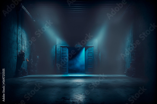 Dark stage location, dark blue background, empty dark room, neon light and spotlights. A concrete floor and a smoke-filled studio room create an interior texture for product display