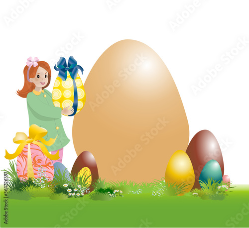 Fête de pâques - Petite fille dans jardin qui porte un gros œuf de pâques dans ses bras -encart gros œuf - fond transparent 