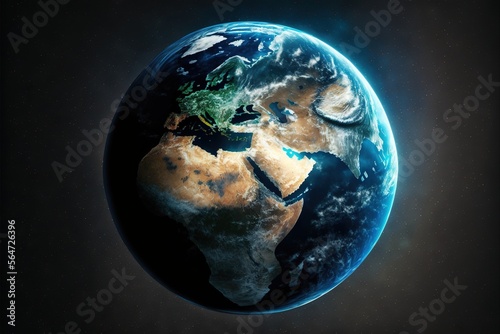  a picture of the earth from space showing africa and africa and the middle east side of the globe with a black background and a blue glow from the center of the earth with a few.  generative ai photo