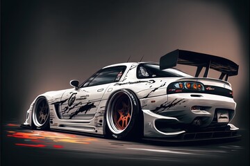 Fototapete Autos a white car with red rims driving down a road  © Oleg