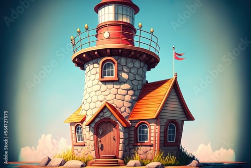 Canvastavla towering cartoon lighthouse with a rounded wooden entrance and a tiled top Gener