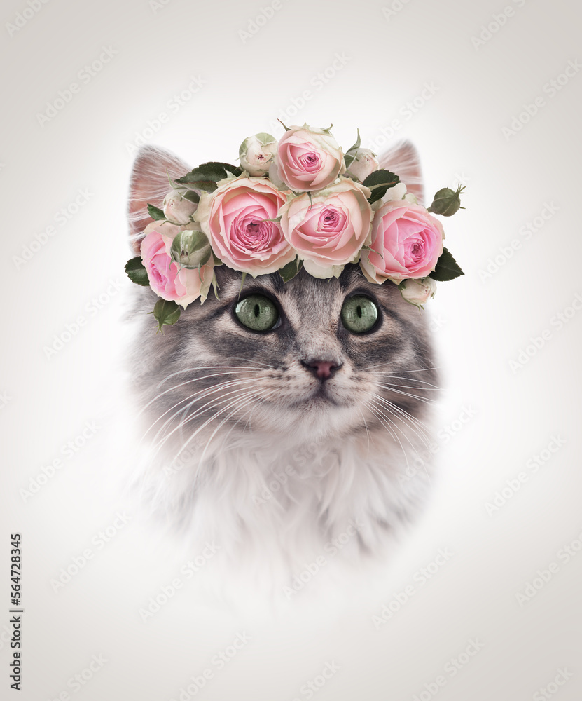 Portrait of sitting gray kitten with Rose floral wreath on beige background