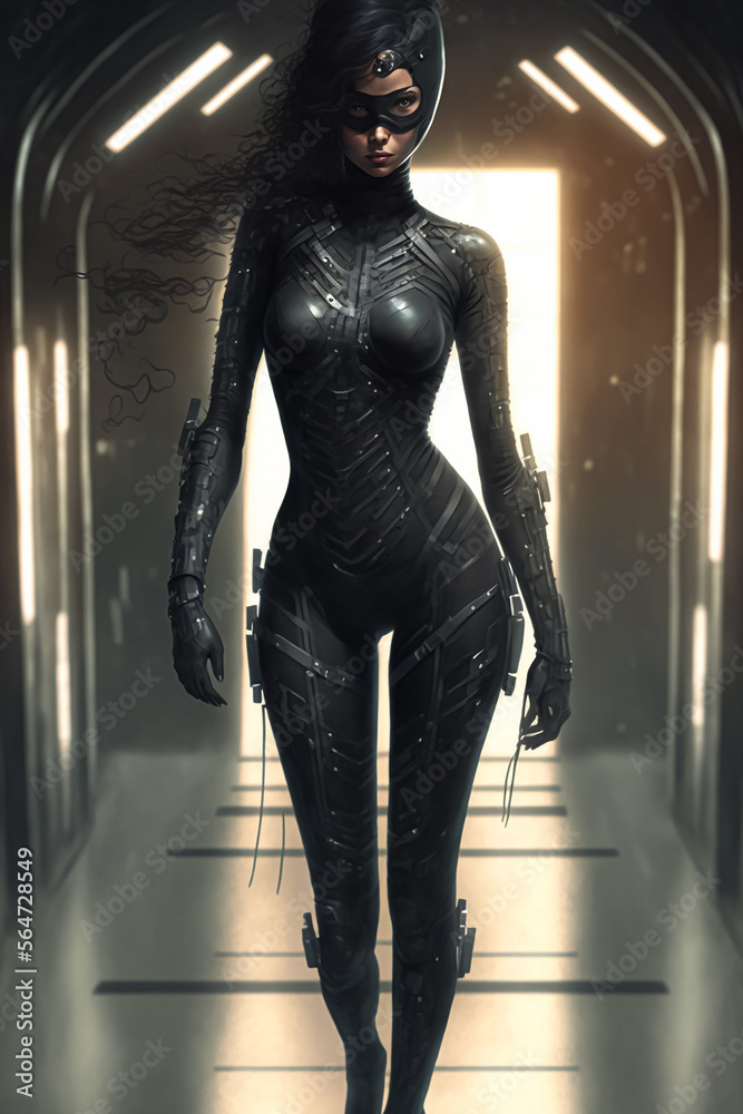Ilustração do Stock: A woman as a black bodysuit ninja, sci-fi, full body,  Isolated, Generative AI