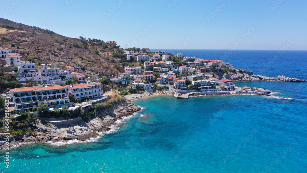 Aerial drone photo of small picturesque seaside village of Armenistis in island of Ikaria, Aegean, Greece