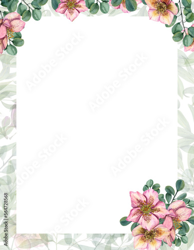 Watercolor card flower card with hellebores. Template for postcard, Save the ...