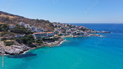 Aerial drone photo of small picturesque seaside village of Armenistis in island of Ikaria, Aegean, Greece