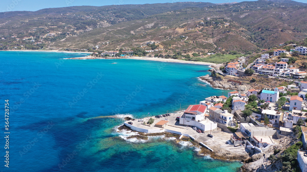 Aerial drone photo of small picturesque seaside village of Armenistis in island of Ikaria, Aegean, Greece Aerial drone photo of small picturesque seaside village of Armenistis in island of Ikaria, Aegean, Greece