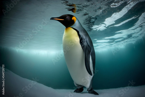 Emperor penguin swimming under iceberg transparent water generative ai.