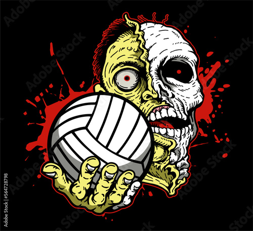 rotting zombie mascot holding volleyball for college, school or league sports
