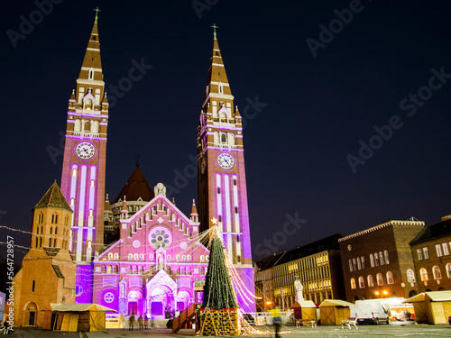 The purple lighted church in Szeged on World Prematurity Day
