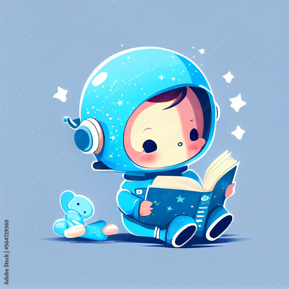 Fototapeta premium a cute baby in astronaut costume reading a book, cartoon style, created with generative AI