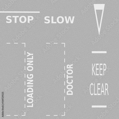 A set of white vector graphic road markings which are painted on to the surface of the road