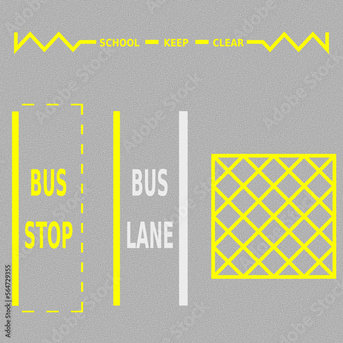 A set of white and yellow vector graphic road markings which are painted on to the surface of the road