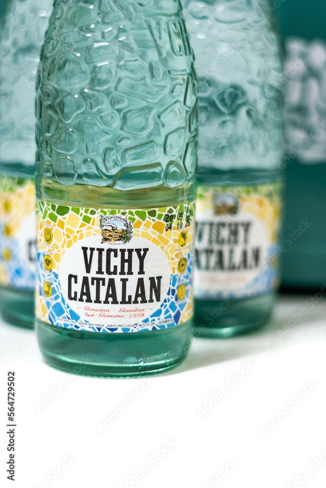 Barcelona, Spain March 9, 2022. Bottles and box of Vichy Catalan, a Spanish brand of bottled