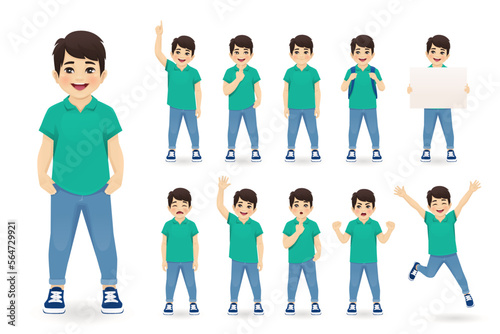 Smiling asian boy in different poses set. Various kid gestures - thinking, angry, crying, jumping, welcoming, with backpack, holding empty paper, making idea pointing up isolated vector illustration