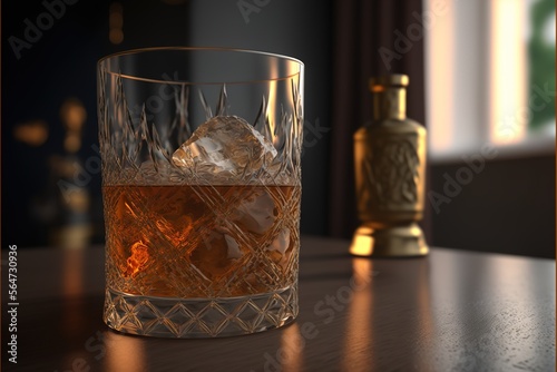  a glass of whiskey sitting on a table next to a bottle of liquor and a bottle of liquor on a table top with a gold bottle in the background of the picture is a window.  generative ai photo