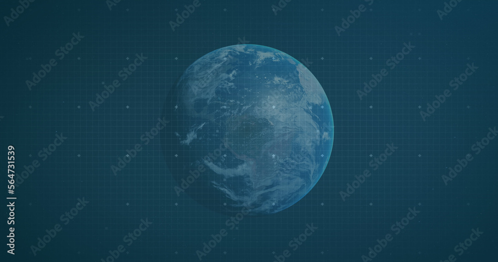 Composition of white spots and globe on blue background