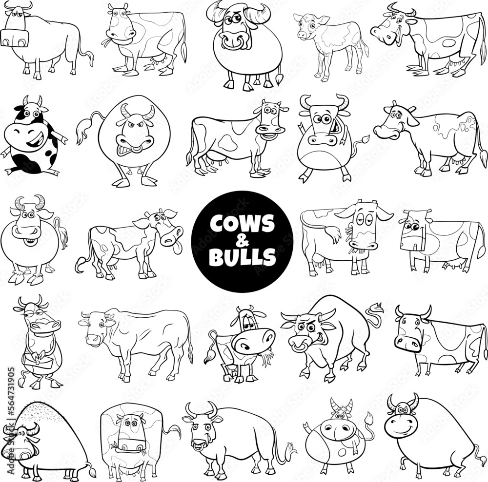 cartoon cows and bulls farm animals big set coloring page