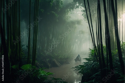 Tela a man riding a horse through a forest filled with tall trees and bamboos on a foggy day with a river running through it and a forest floor of tall bamboo trees with leaves