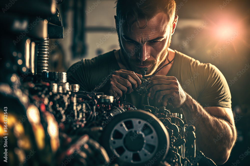 Auto mechanic working in a car repair shop and trying to repair or