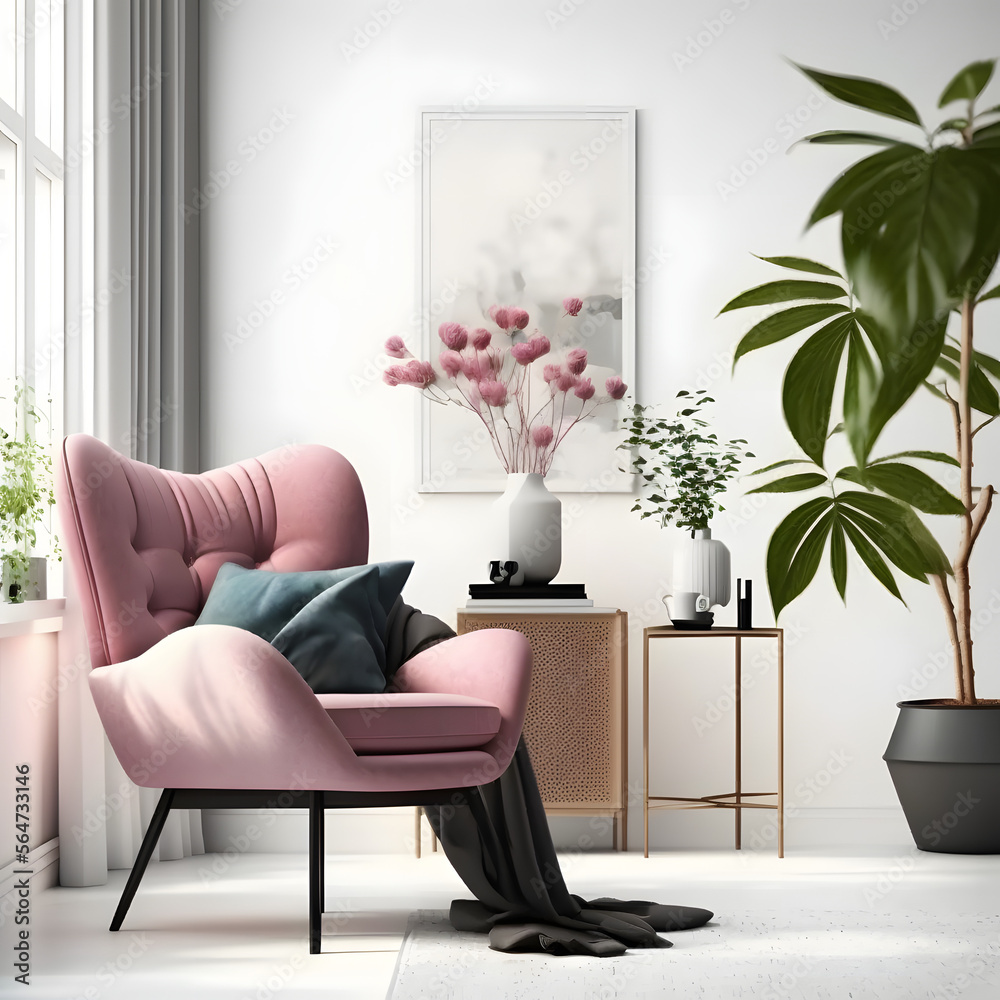 Cozy modern living room interior with pink armchair and decoration room on a pink or white wall background
