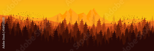 sunset dawn mountain view with forest landscape silhouette vector illustration for pattern background, wallpaper, background template, and backdrop design	