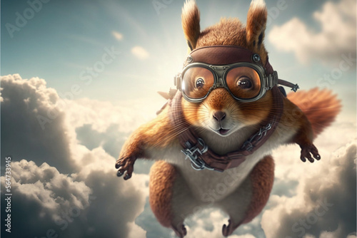 Fotobehang Squirrel flying over the clouds with aviator glasses, Generative AI