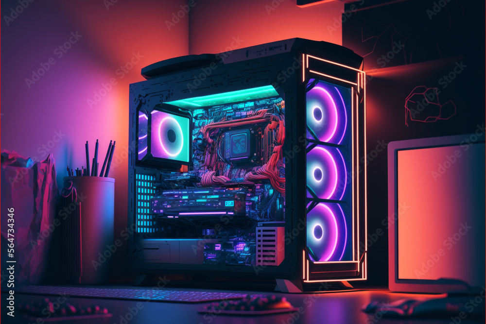 Gamer computer, neon, cyberpunk Gamer computer, neon, cyberpunk