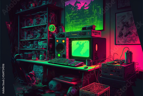 gamer room, computador gamer, neon, cyber punk, Generative AI